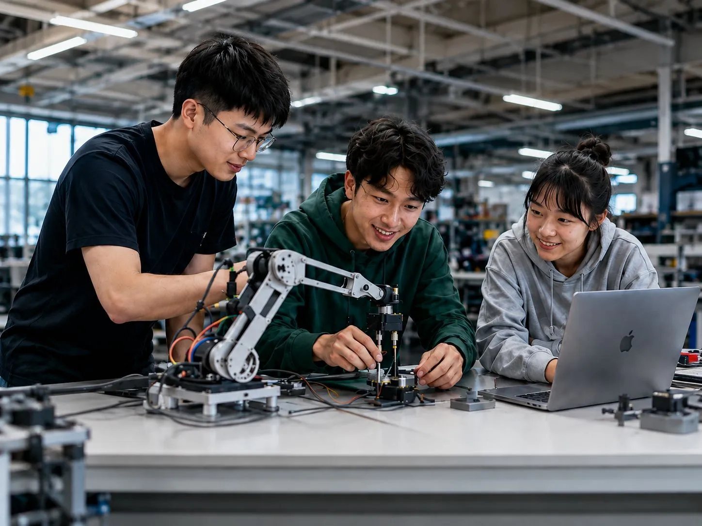 三位學生在實驗室裡操作機械手臂